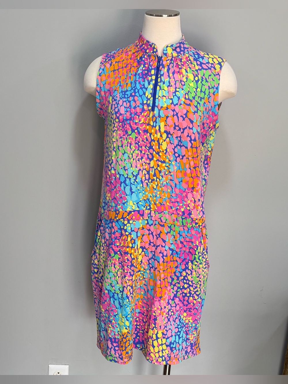 IBKUL Camille Sleeveless Drawstring Dress Blue Multi Golf UPF 50 Sz S